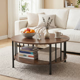 2-Tier Round Coffee Table with Storage Shelf and Metal Accents in Black Walnut