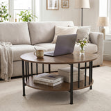 2-Tier Round Coffee Table with Storage Shelf and Metal Accents in Black Walnut