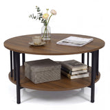 2-Tier Round Coffee Table with Storage Shelf and Metal Accents in Black Walnut
