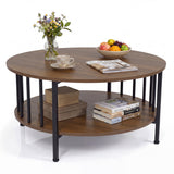 2-Tier Round Coffee Table with Storage Shelf and Metal Accents in Black Walnut