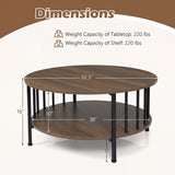 2-Tier Round Coffee Table with Storage Shelf and Metal Accents in Black Walnut