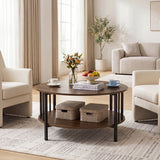 2-Tier Round Coffee Table with Storage Shelf and Metal Accents in Black Walnut