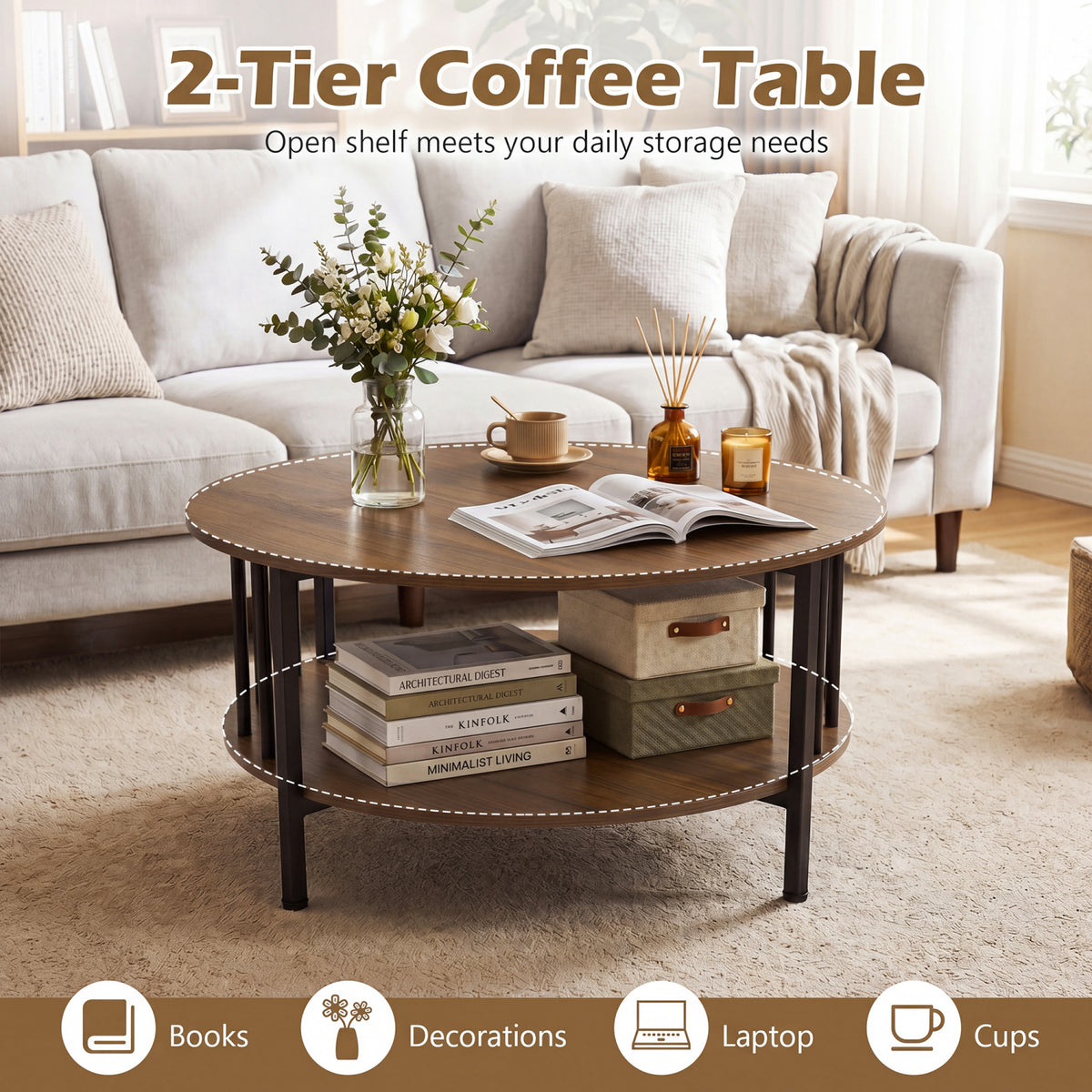 2-Tier Round Coffee Table with Storage Shelf and Metal Accents in Black Walnut