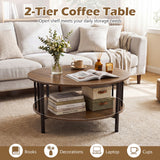 2-Tier Round Coffee Table with Storage Shelf and Metal Accents in Black Walnut
