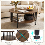 2-Tier Round Coffee Table with Storage Shelf and Metal Accents in Black Walnut