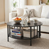 2-Tier Round Coffee Table with Storage Shelf and Metal Accents in Black Walnut