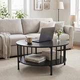 2-Tier Round Coffee Table with Storage Shelf and Metal Accents in Black Walnut