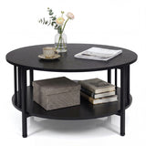 2-Tier Round Coffee Table with Storage Shelf and Metal Accents in Black Walnut