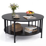 2-Tier Round Coffee Table with Storage Shelf and Metal Accents in Black Walnut