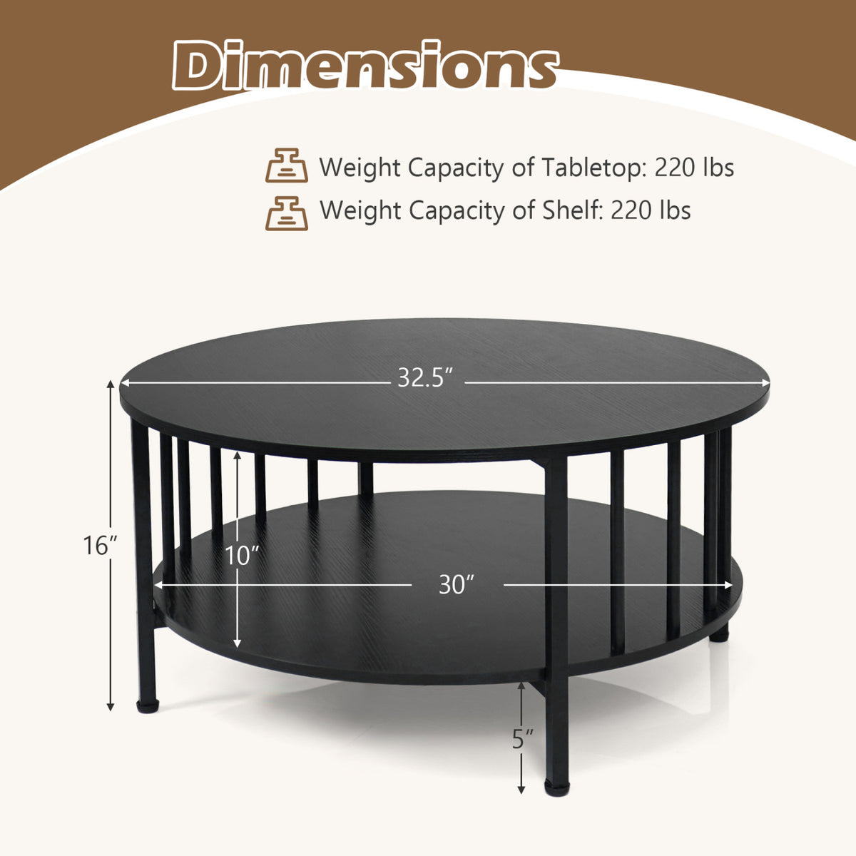 2-Tier Round Coffee Table with Storage Shelf and Metal Accents in Black Walnut