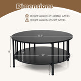 2-Tier Round Coffee Table with Storage Shelf and Metal Accents in Black Walnut
