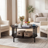 2-Tier Round Coffee Table with Storage Shelf and Metal Accents in Black Walnut
