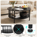 2-Tier Round Coffee Table with Storage Shelf and Metal Accents in Black Walnut