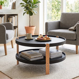 2-Tier Round Coffee Table with Open Storage Shelf and Solid Beech Wood Legs for Living Room