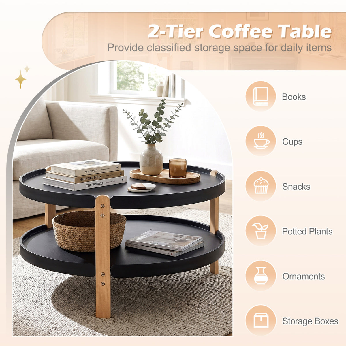 2-Tier Round Coffee Table with Open Storage Shelf and Solid Beech Wood Legs for Living Room