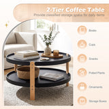 2-Tier Round Coffee Table with Open Storage Shelf and Solid Beech Wood Legs for Living Room