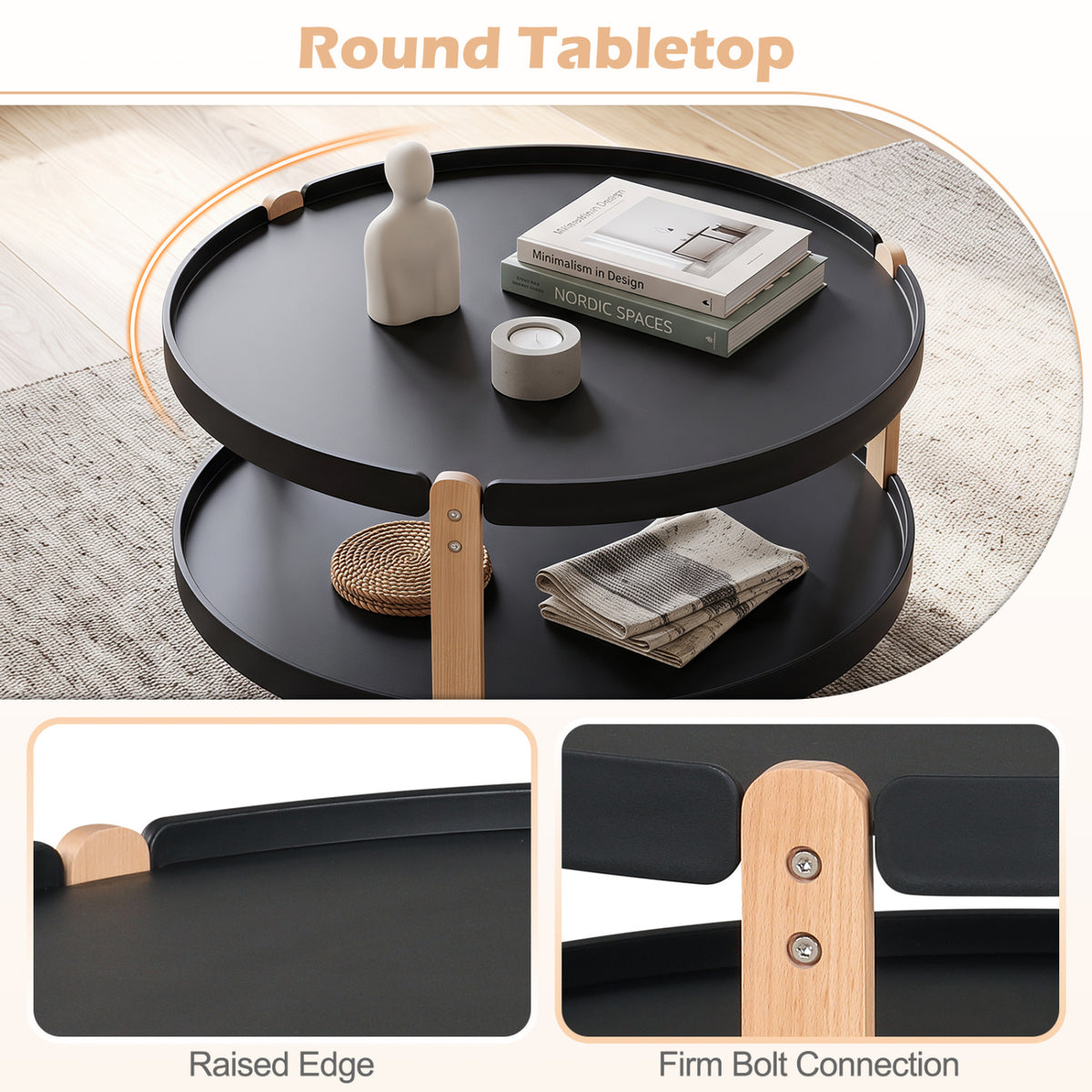 2-Tier Round Coffee Table with Open Storage Shelf and Solid Beech Wood Legs for Living Room