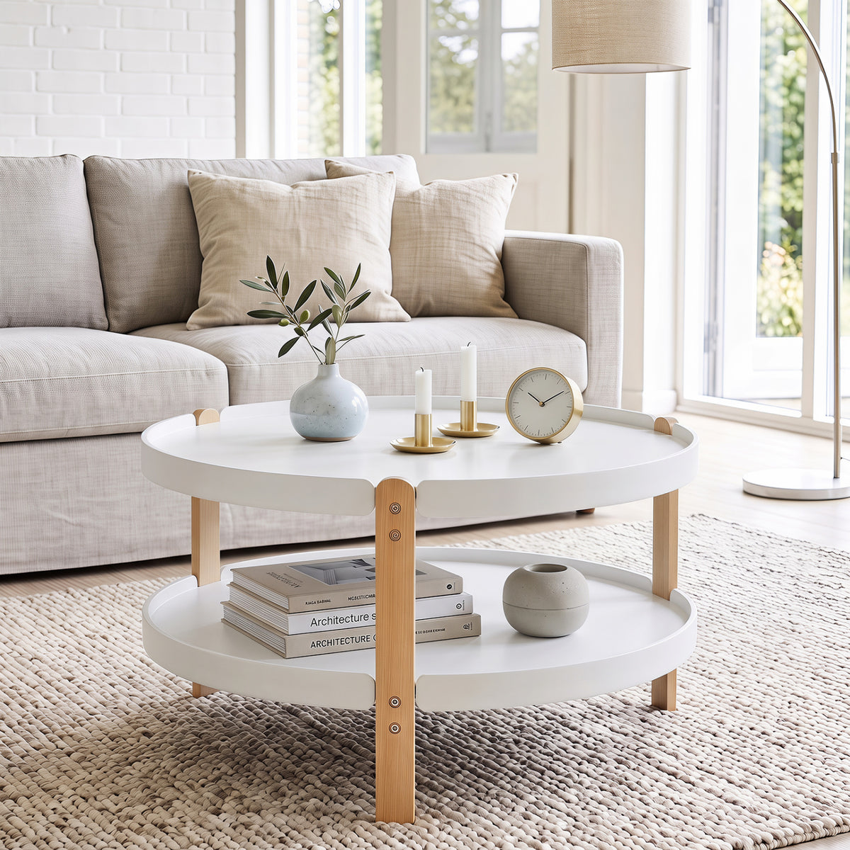 2-Tier Round Coffee Table with Open Storage Shelf and Solid Beech Wood Legs for Living Room