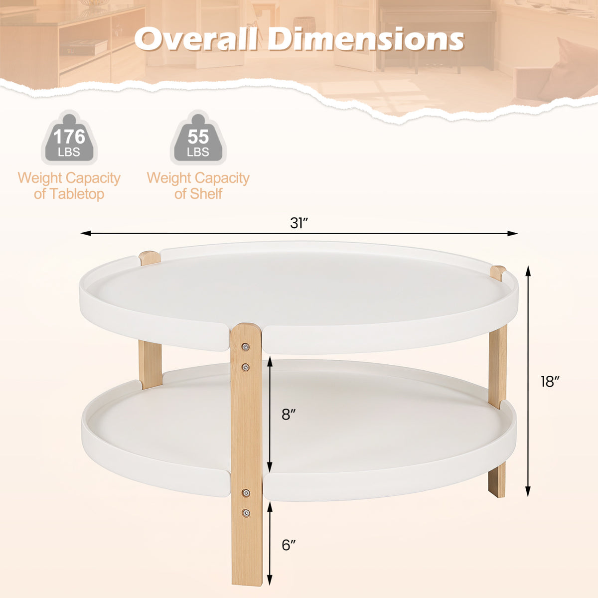2-Tier Round Coffee Table with Open Storage Shelf and Solid Beech Wood Legs for Living Room
