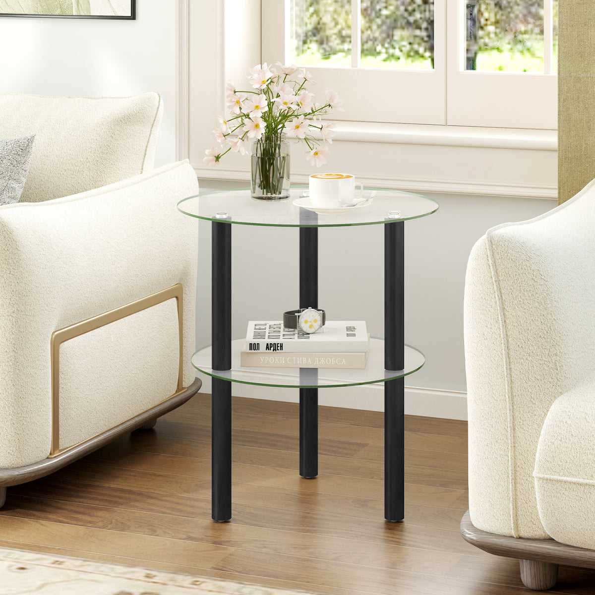 2-Tier Round End Table with Clear Tempered Glass Top and Shelf