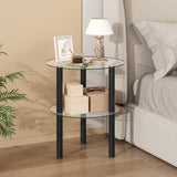 2-Tier Round End Table with Clear Tempered Glass Top and Shelf