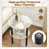 2-Tier Round End Table with Clear Tempered Glass Top and Shelf