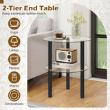 2-Tier Round End Table with Clear Tempered Glass Top and Shelf