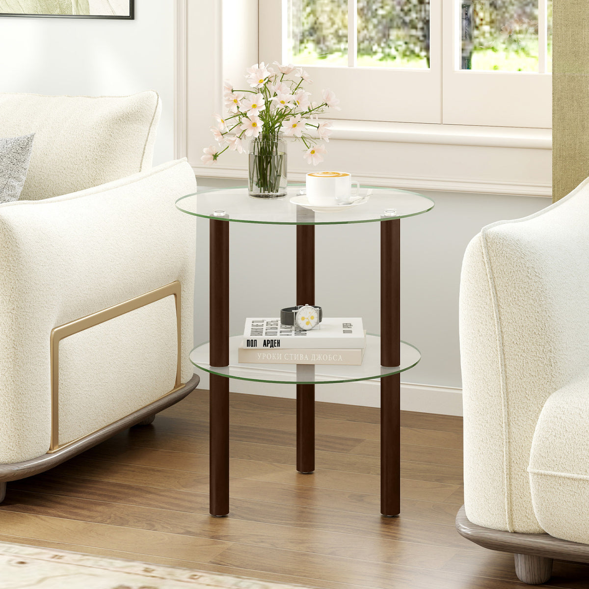 2-Tier Round End Table with Clear Tempered Glass Top and Shelf