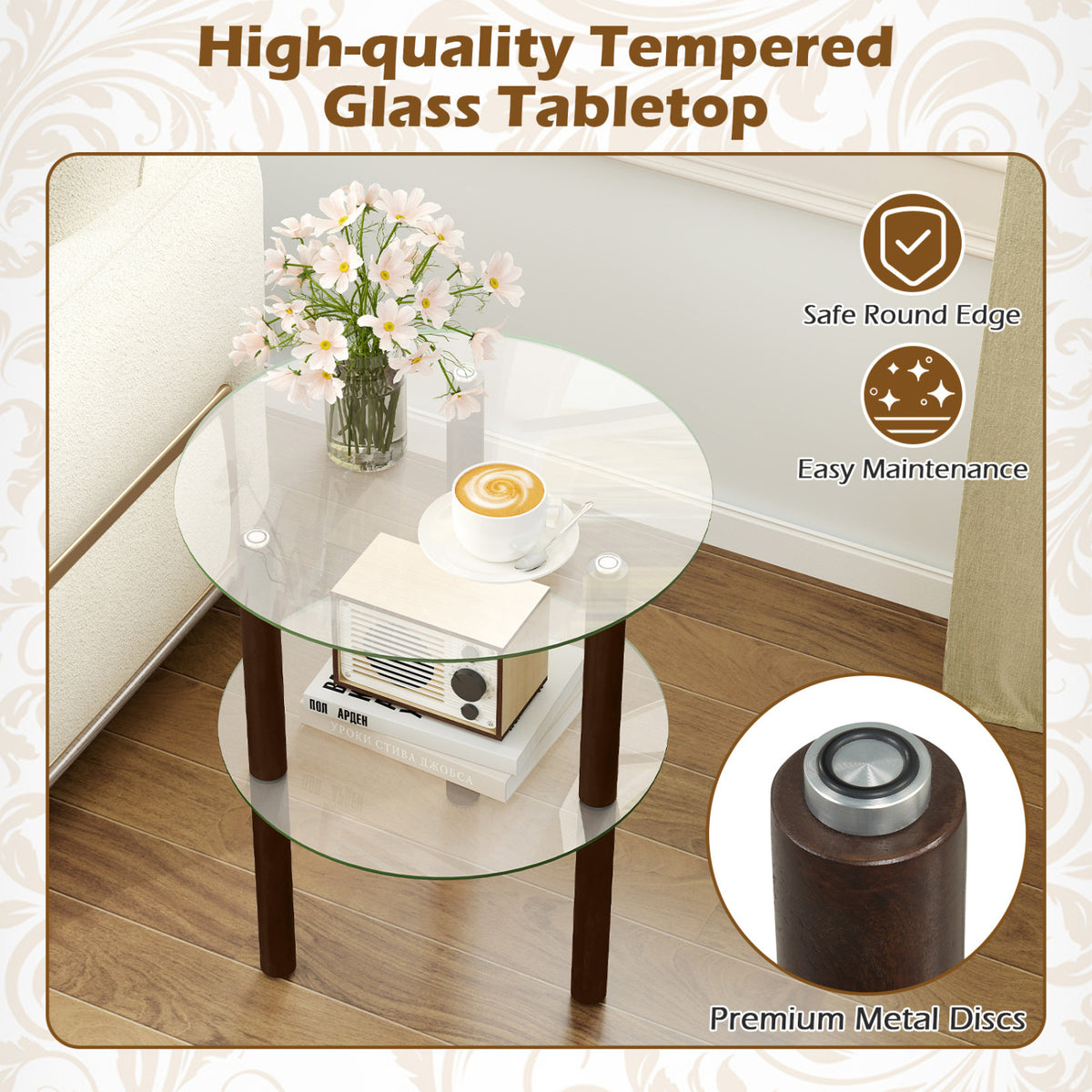 2-Tier Round End Table with Clear Tempered Glass Top and Shelf