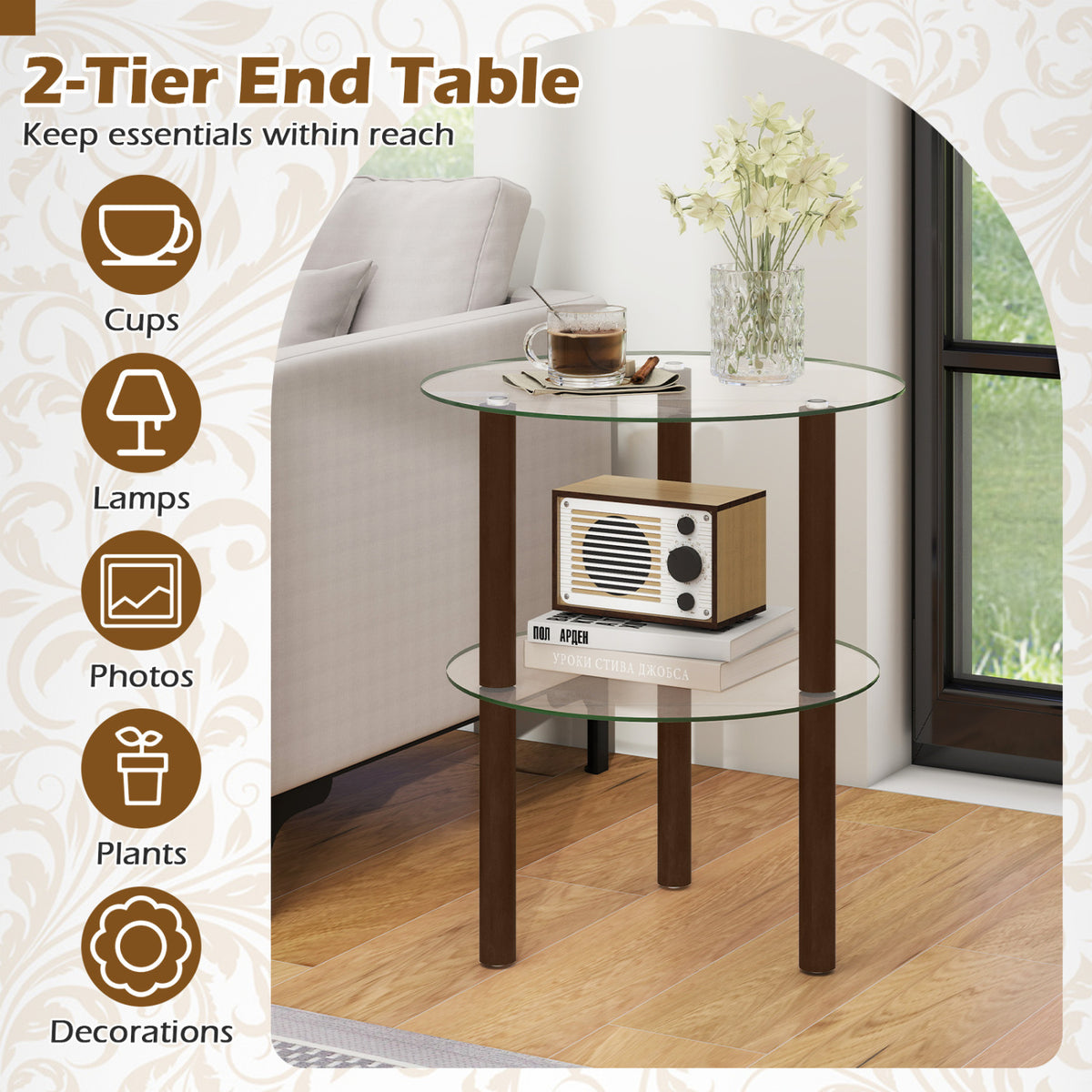 2-Tier Round End Table with Clear Tempered Glass Top and Shelf
