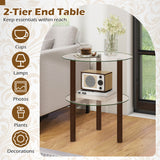 2-Tier Round End Table with Clear Tempered Glass Top and Shelf