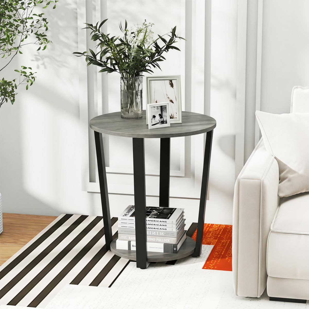 2-tier/2-Tier Round End Table with Storage Shelf &/and Metal Frame
