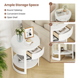 2-Tier Round End Table Mid Century Modern Nightstand with Drawer and Shelf