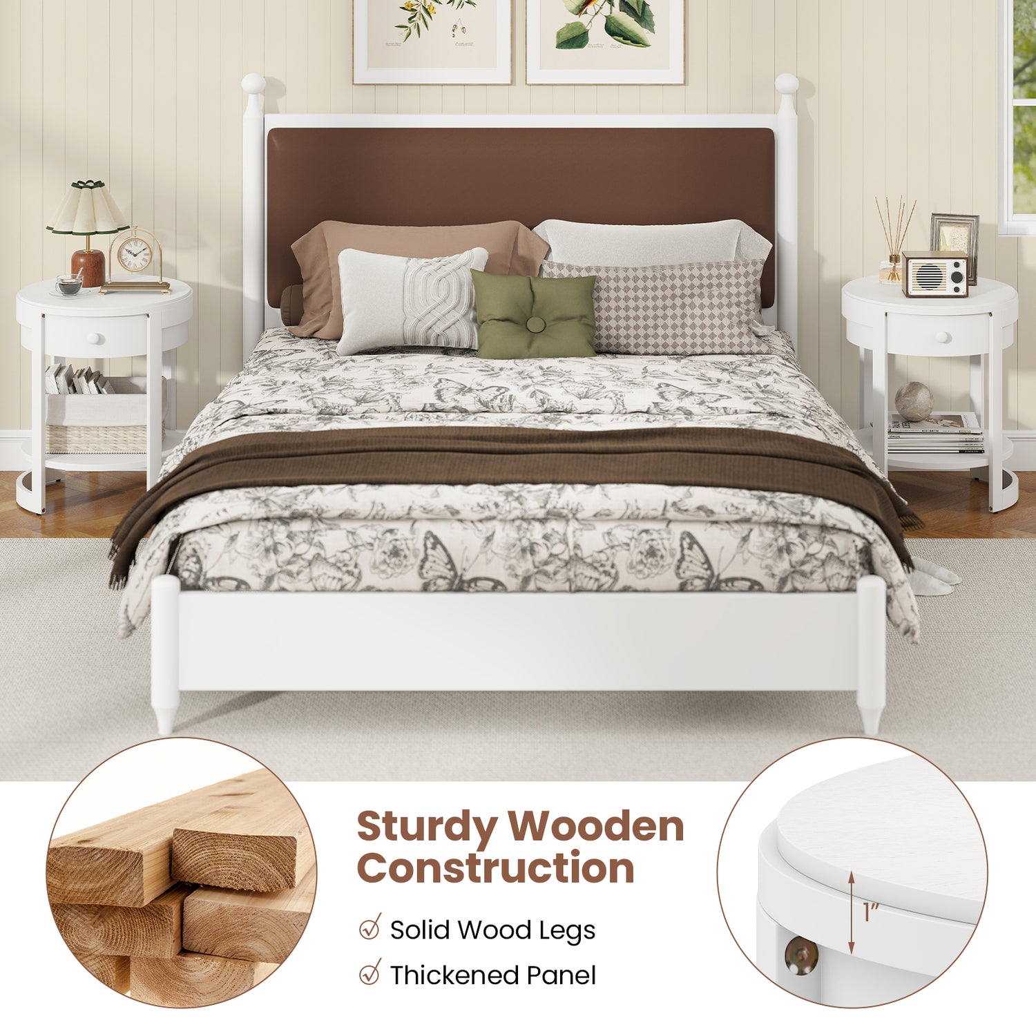 2-Tier Round End Table Mid Century Modern Nightstand with Drawer and Shelf