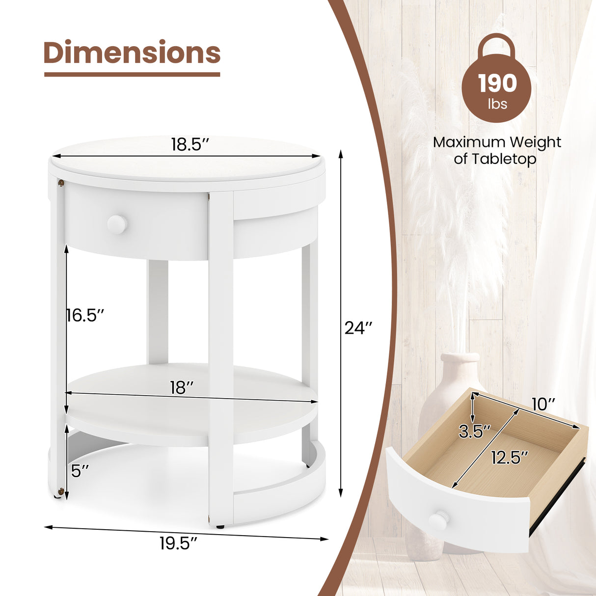 2-Tier Round End Table Mid Century Modern Nightstand with Drawer and Shelf