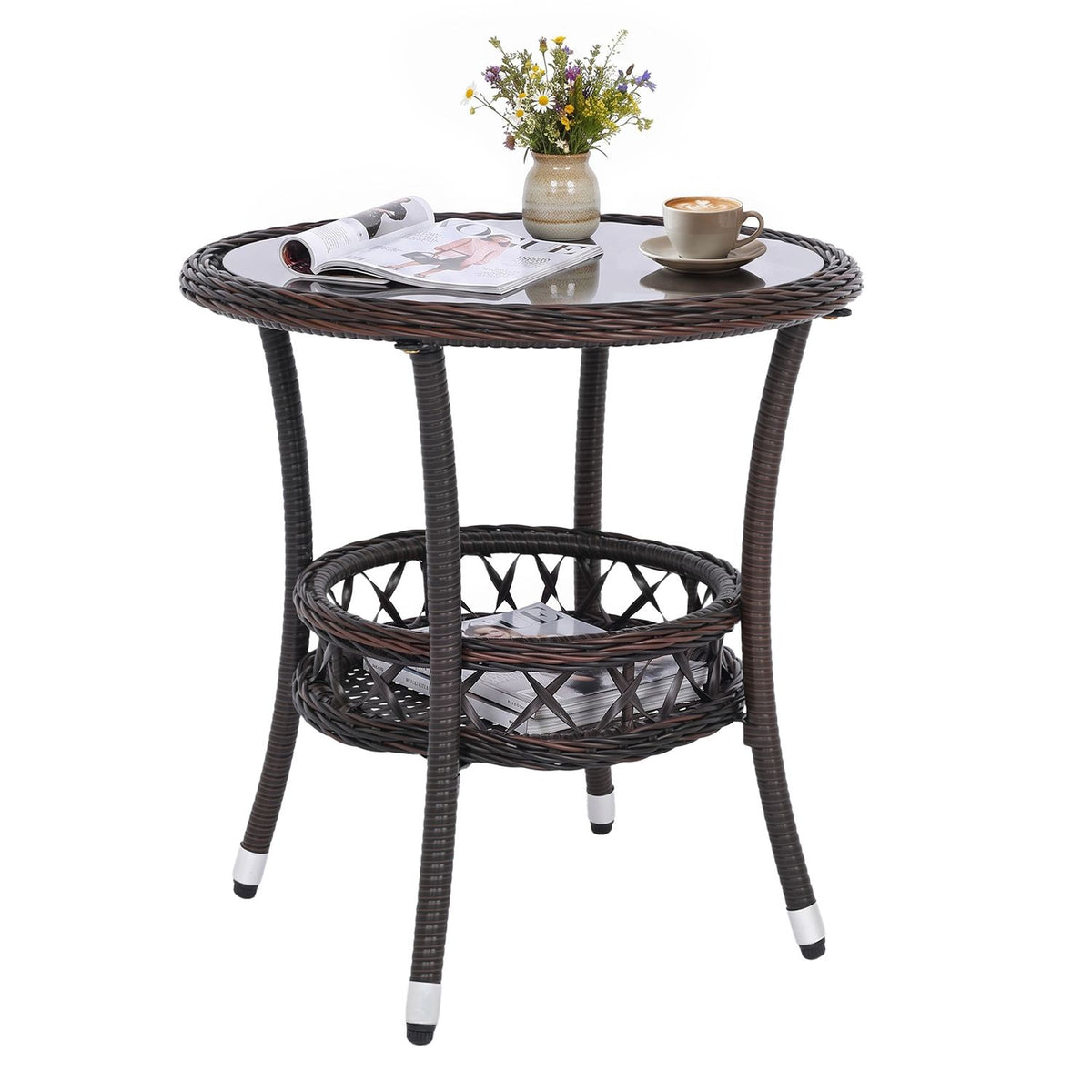 2-Tier Small Bistro Table Set of 1/2 with Tempered Glass Tabletop and Storage Shelf for Patio