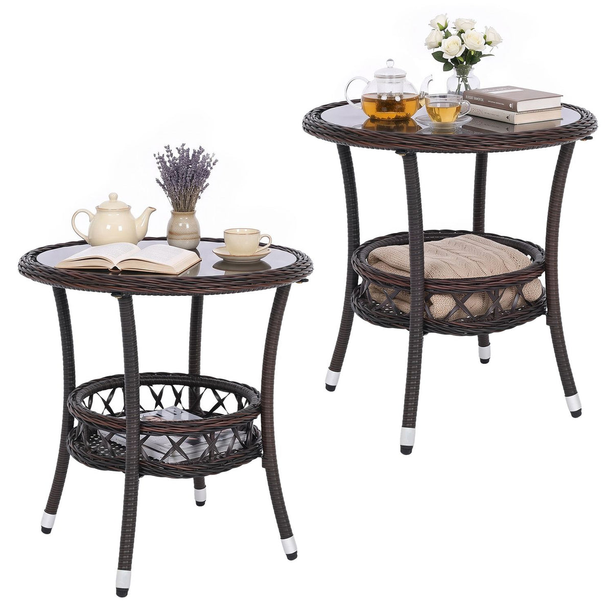 2-Tier Small Bistro Table Set of 1/2 with Tempered Glass Tabletop and Storage Shelf for Patio
