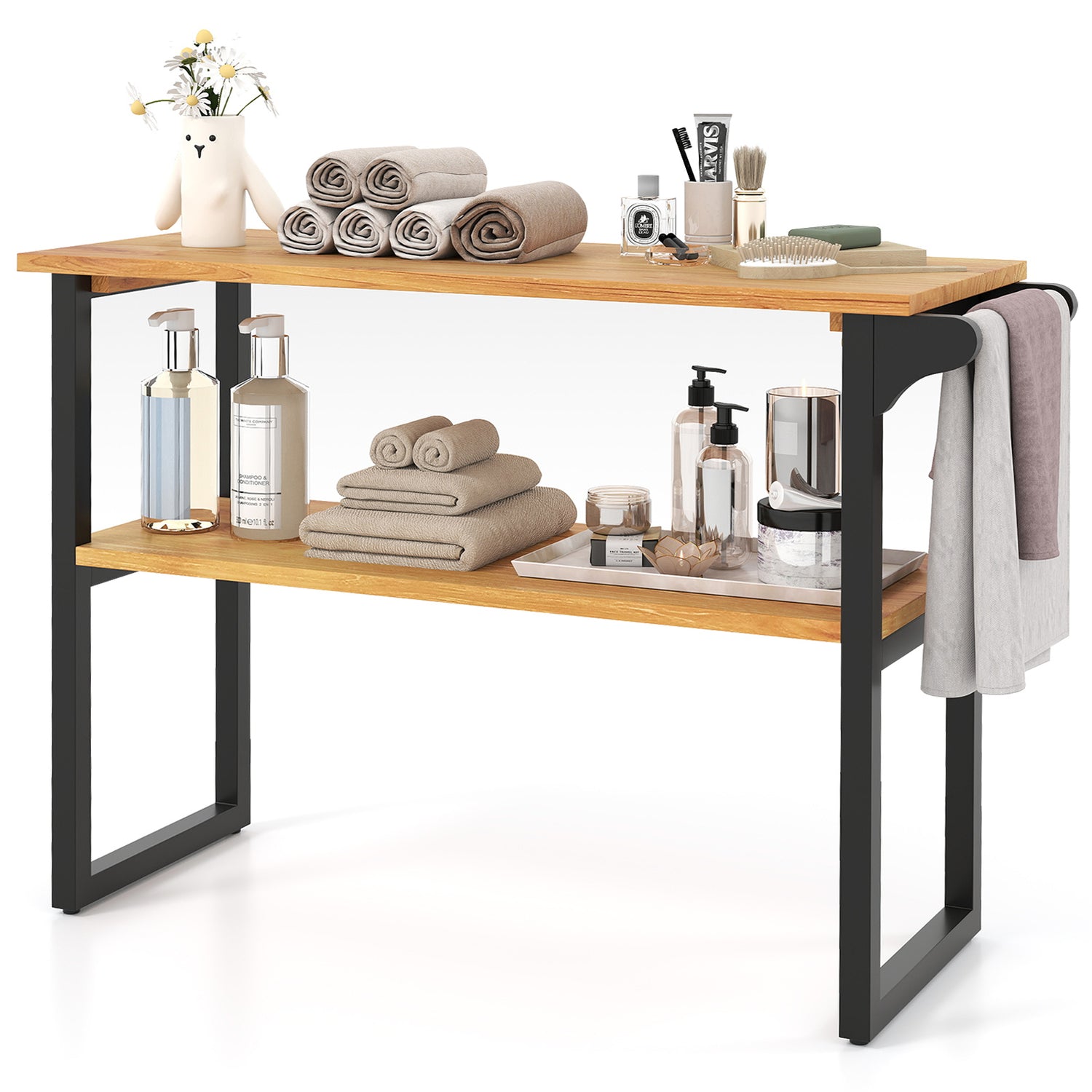 2-Tier Solid Teak Wood Bathroom Shelf with Towel Rack