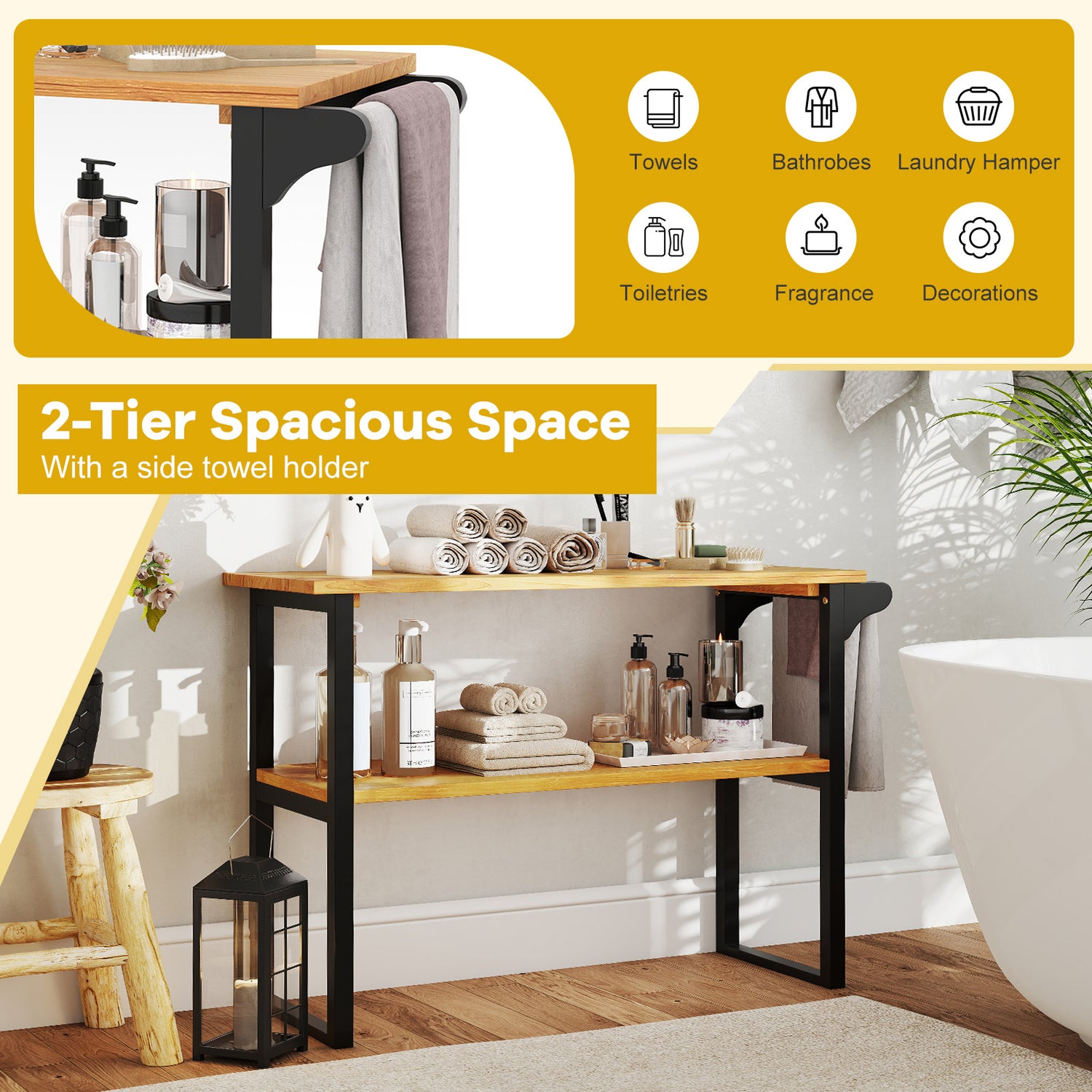 2-Tier Solid Teak Wood Bathroom Shelf with Towel Rack