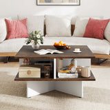 2-Tier Square Coffee Table with 4 Storage Compartments-Rustic Brown