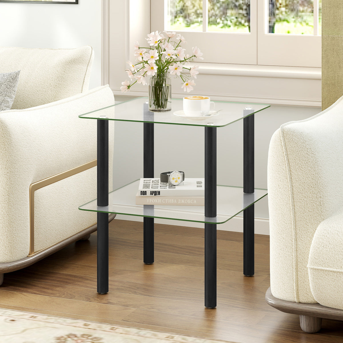 2-Tier Square End Table with Shelf and Clear Tempered Glass Top