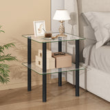 2-Tier Square End Table with Shelf and Clear Tempered Glass Top