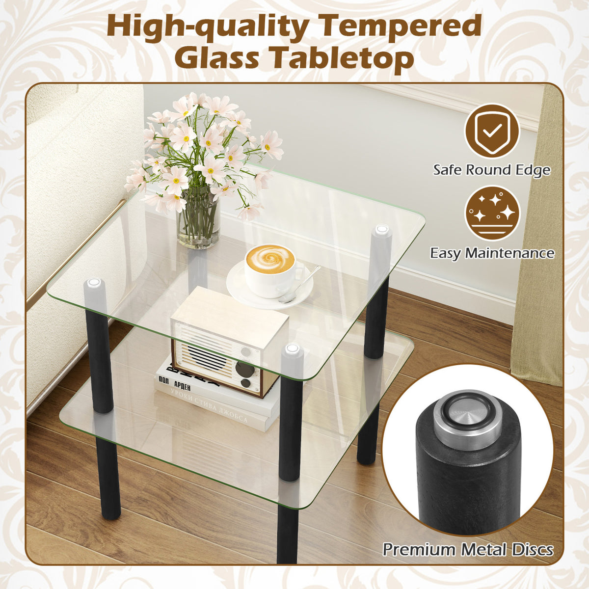 2-Tier Square End Table with Shelf and Clear Tempered Glass Top