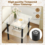 2-Tier Square End Table with Shelf and Clear Tempered Glass Top