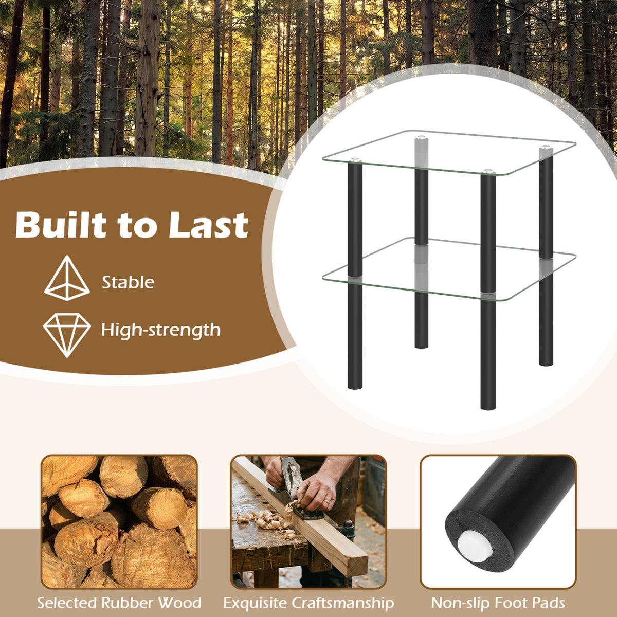 2-Tier Square End Table with Shelf and Clear Tempered Glass Top