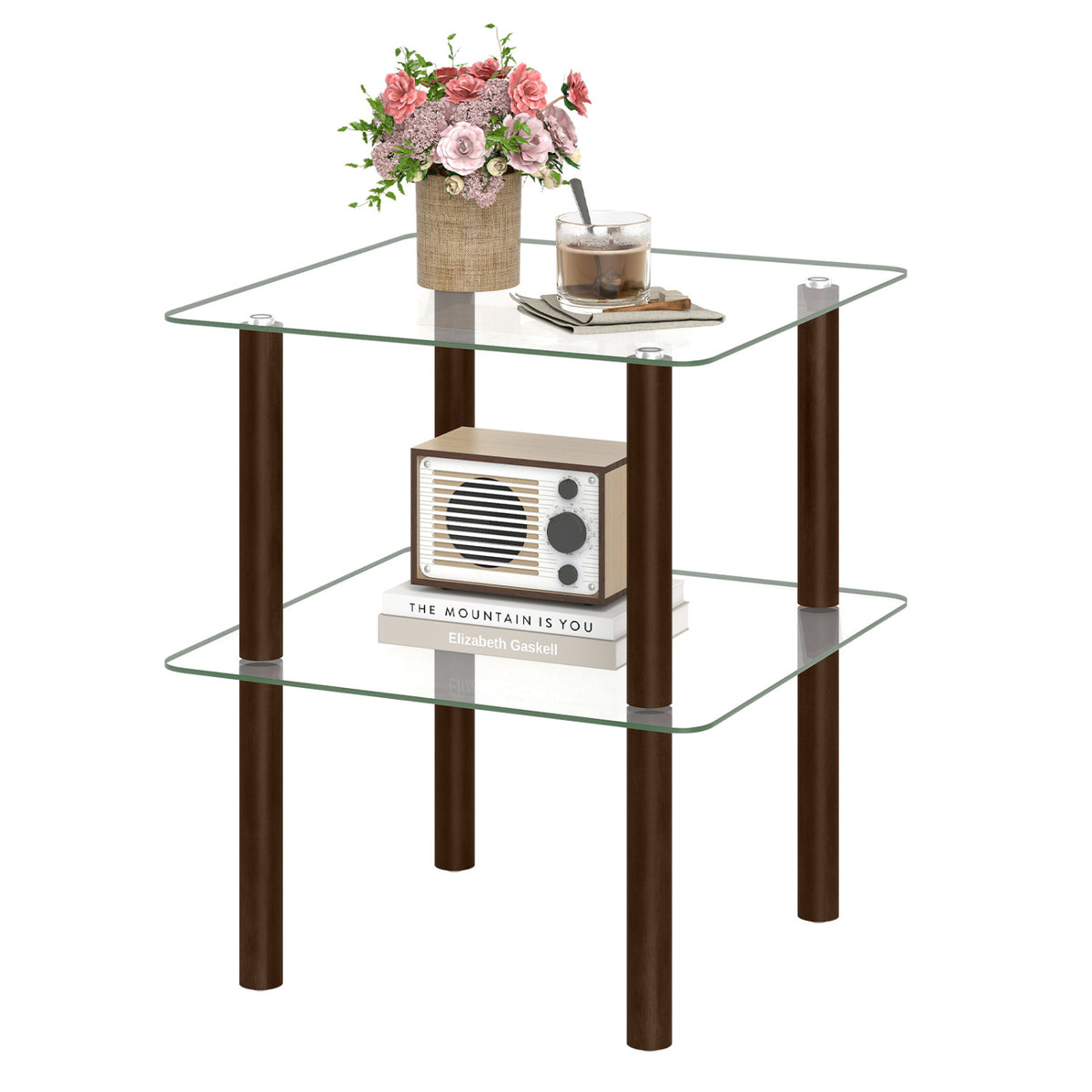 2-Tier Square End Table with Shelf and Clear Tempered Glass Top