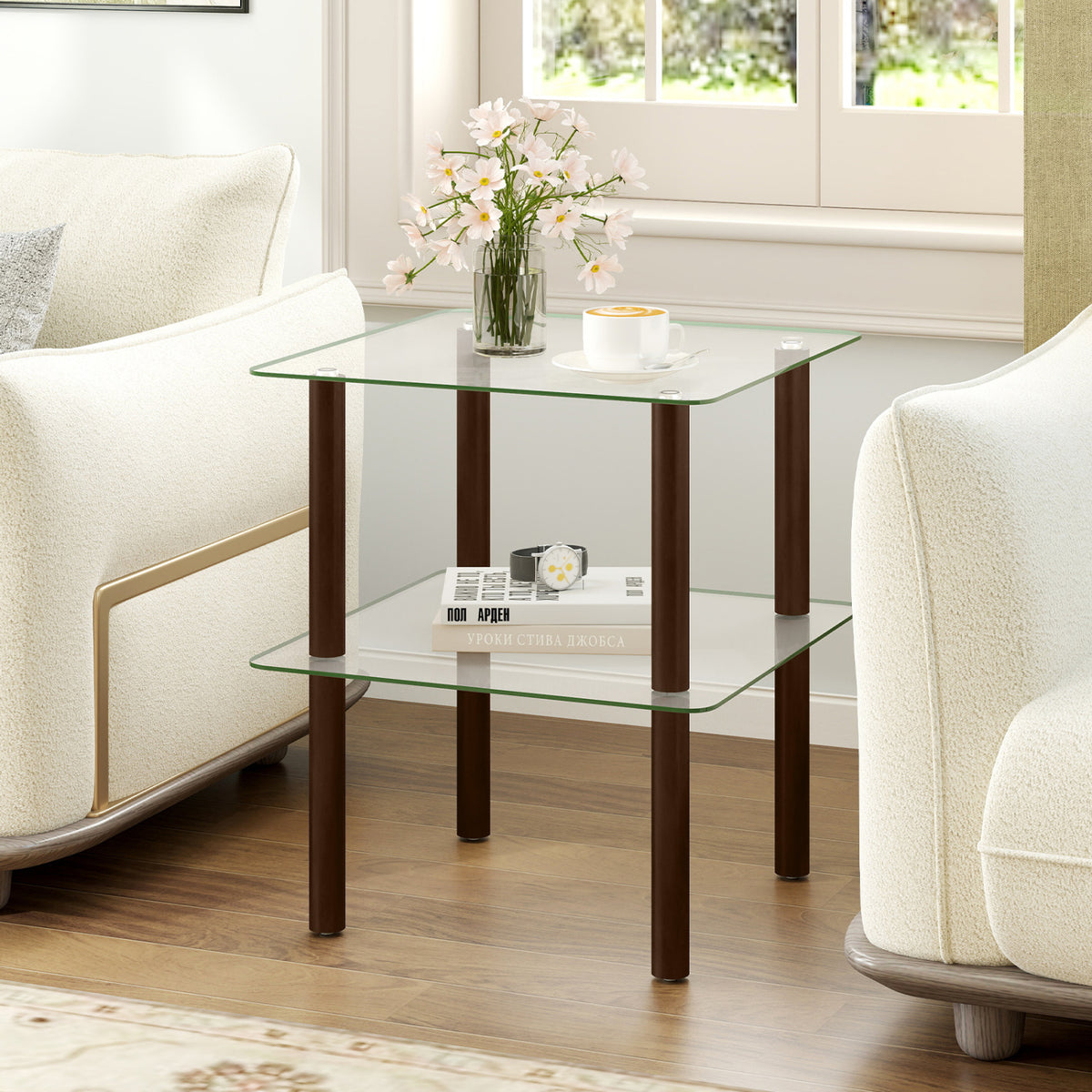 2-Tier Square End Table with Shelf and Clear Tempered Glass Top