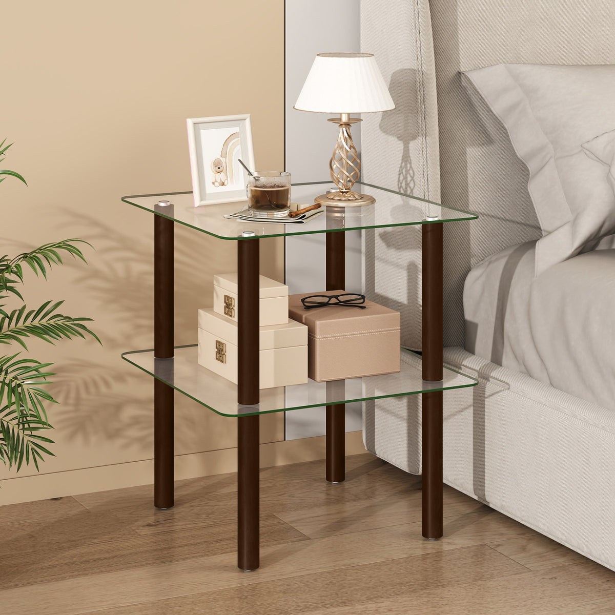 2-Tier Square End Table with Shelf and Clear Tempered Glass Top