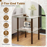 2-Tier Square End Table with Shelf and Clear Tempered Glass Top