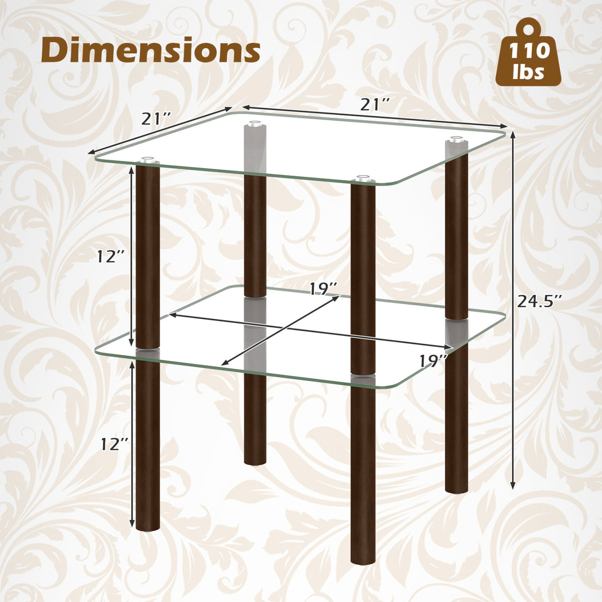 2-Tier Square End Table with Shelf and Clear Tempered Glass Top